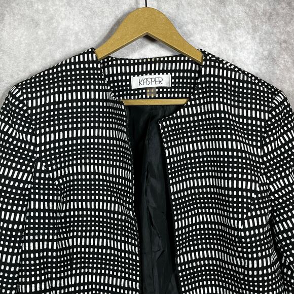 Kasper Blazer Jacket Womens 12 Black White Geometric‎ Open Front Business Career - Picture 2 of 9